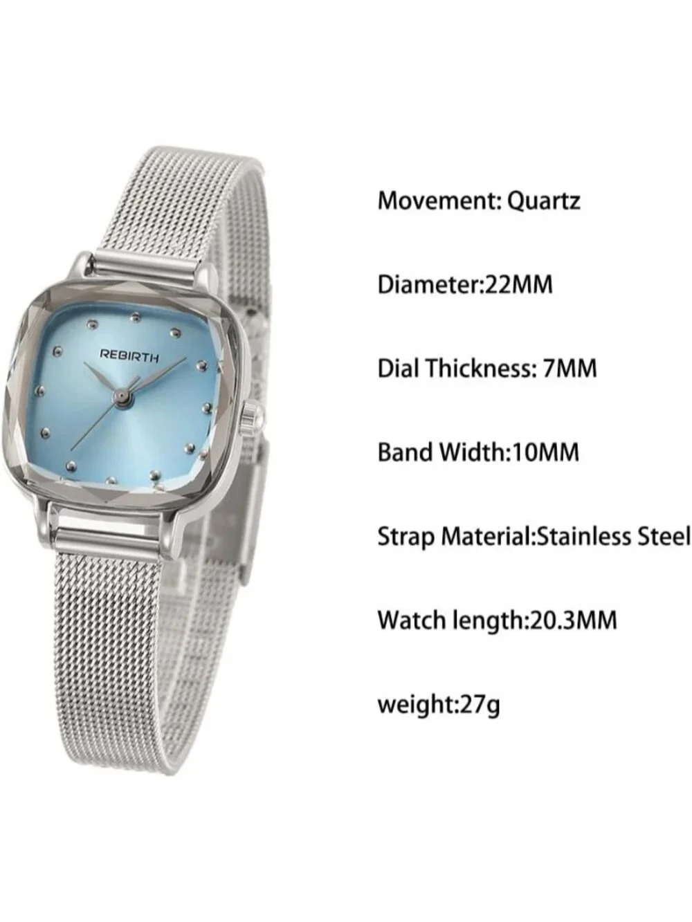 Women's Silver Blue Square Minimalist Dial Mesh Band Crystal Case Wrist Watch